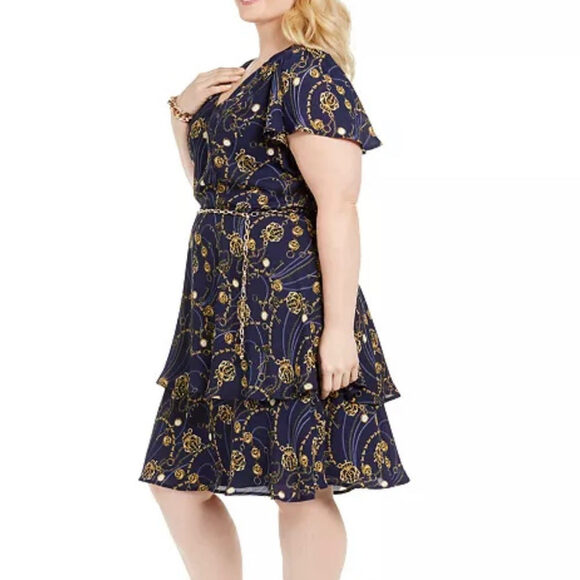 Women’s Dress Short Sleeve Belt Teeze Me Navy Gold Tiered Fit Flare - Picture 7 of 7